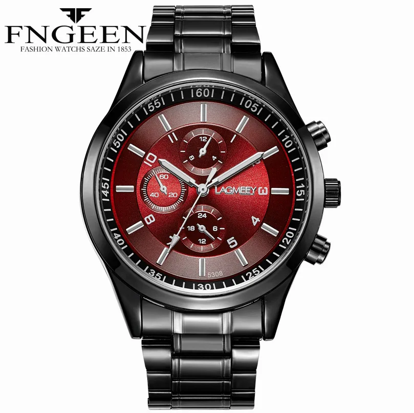 

FNGEEN 5308 vintage Student Ultra-thin Black Watch Mens Sports Three-eye Six-Pin watch Stainless Steel Fashion Quarzuhr