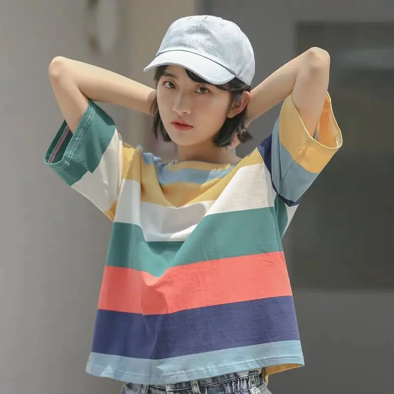 Pure Cotton T-Shirt Female Short-Sleeved Student Korean Loose Round Neck Summer All-Match Blouse Rainbow Stripes
Pure Cotton T-Shirt Female Short-Sleeved Student Korean Loose Round Neck Summer All-Match Blouse Rainbow Stripes
