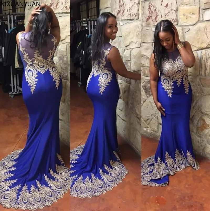 

Gold Lace Royal Blue Mermaid Prom Dresses Evening Sweep Train African Arabic Party Gowns Pageant Celebrity Gowns Black Girls