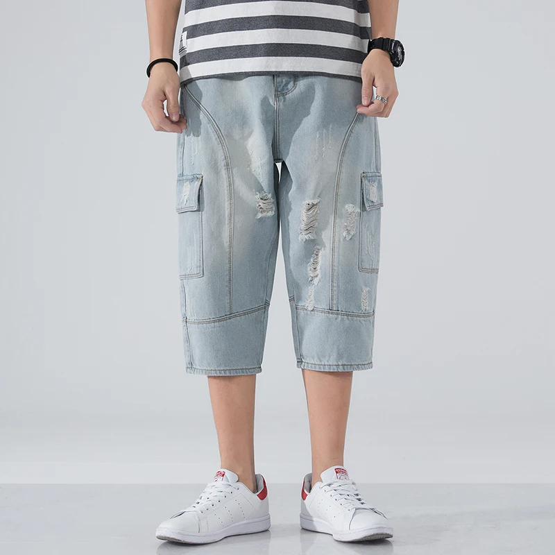 2021 Summer New Men's Ripped Harem Short Jeans Light Blue Straight Leg Big Pocket Denim Cropped Trousers Male Brand Clothes
2021 Summer New Men's Ripped Harem Short Jeans Light Blue Straight Leg Big Pocket Denim Cropped Trousers Male Brand Clothes