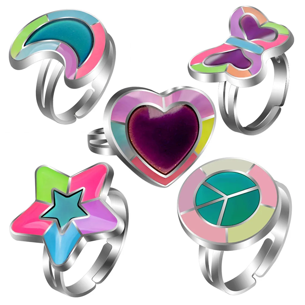 

Luminous Peach Heart Love Butterfly Moon Crescent Five-pointed Star Temperature Sensing Mood Color Ring Adjustable Rings