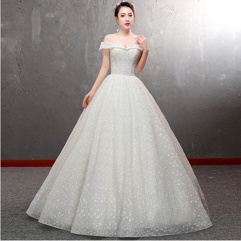 

Luxury Beads Boat Neck New Wedding Dress Floor length Short Sleeves Ivory Plus sizes Vestido De Noiva vestido de festa Ball Gown