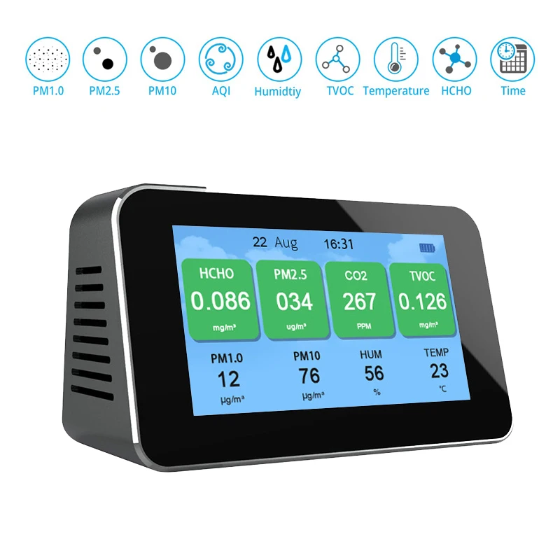 CO2 PM2.5 Air Quality Detector Carbon Dioxide Formaldehyde TVOC Monitor W/ Alarm LCD Display Indoor Gas Analyzer
CO2 PM2.5 Air Quality Detector Carbon Dioxide Formaldehyde TVOC Monitor W/ Alarm LCD Display Indoor Gas Analyzer