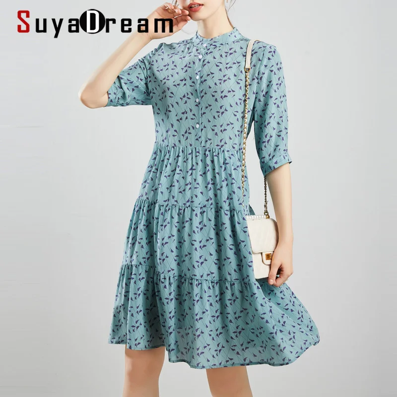 SUYADREAM Women A-line Dress 100%Silk Crepe Printed Half Sleeveless Stand Collar Knee Length Dresses 2022 Summer New
SUYADREAM Women A-line Dress 100%Silk Crepe Printed Half Sleeveless Stand Collar Knee Length Dresses 2022 Summer New