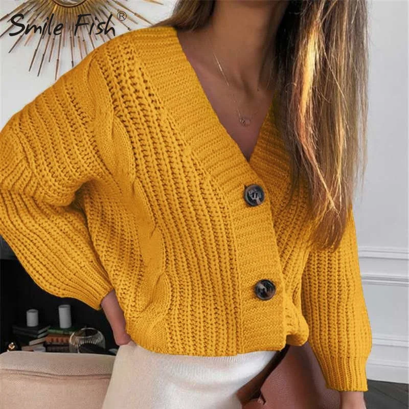 Women Knitted Cardigans Sweater Fashion Autumn Long Sleeve Loose Coat Casual Button Thick V Neck Solid Female Tops Jumper G1821
Women Knitted Cardigans Sweater Fashion Autumn Long Sleeve Loose Coat Casual Button Thick V Neck Solid Female Tops Jumper G1821