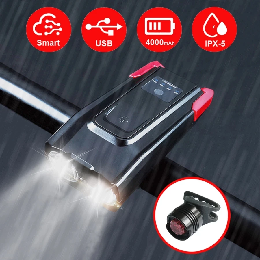 4000mAh Induction Bicycle Front Light Set USB Rechargeable Smart Headlight With Horn 800 Lumen LED Bike Lamp Cycling FlashLight
4000mAh Induction Bicycle Front Light Set USB Rechargeable Smart Headlight With Horn 800 Lumen LED Bike Lamp Cycling FlashLight