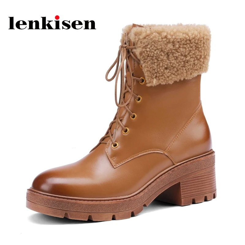 

Lenkisen оригинальный дизайн, натуральная кожа, круглый носок, высокий каблук, короткие сапоги, молодые женщины, повседневная одежда, шнуровка, ...