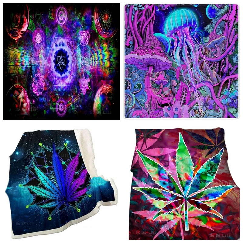 

Psychedelic Art Colorful Flannel Blanket Magical Forest Fantasy Planet Jellyfish Leaves Bohemian Weed Galaxy Starry Sky Trippy