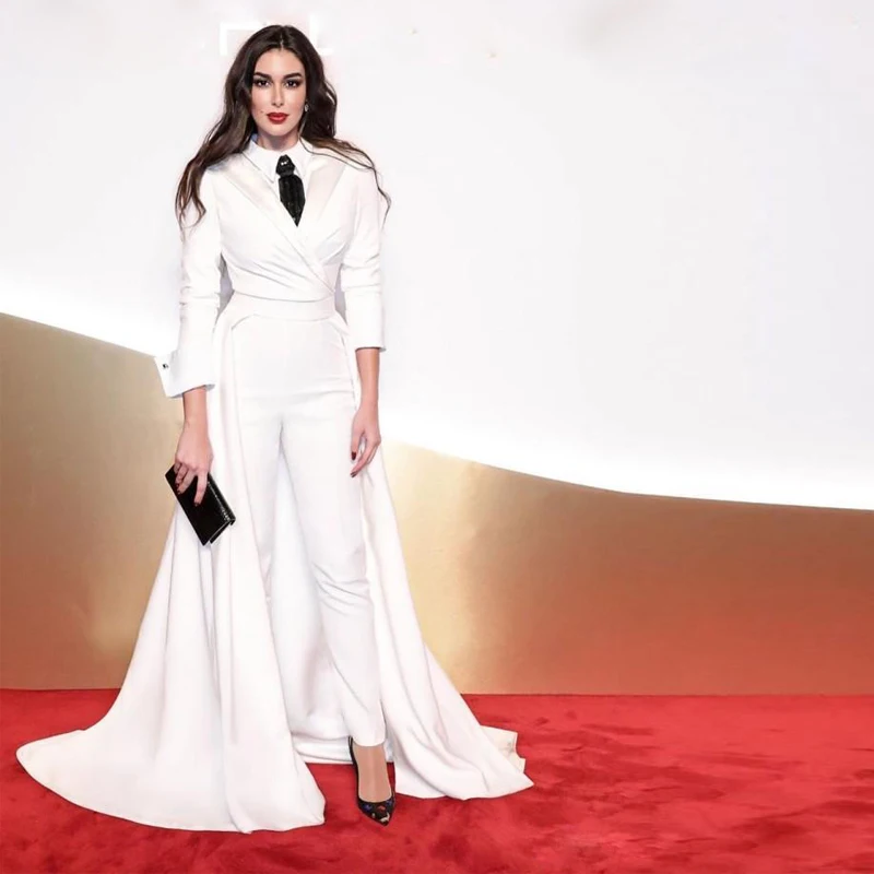 Modern White Jumpsuit Prom Dresses with Detachable Train V Neck Full Sleeve Ruched Ankle Length Pants Celebrity Evening Gowns
Modern White Jumpsuit Prom Dresses with Detachable Train V Neck Full Sleeve Ruched Ankle Length Pants Celebrity Evening Gowns
