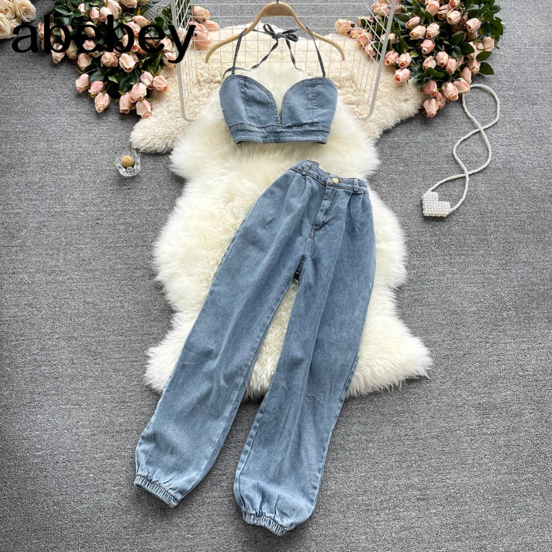 Women Summer Korean Fashion Solid Set Sexy Denim Sleeveless Strap Short Tops+High Waist Wide Leg Long Pants Two Piece Suits
Women Summer Korean Fashion Solid Set Sexy Denim Sleeveless Strap Short Tops+High Waist Wide Leg Long Pants Two Piece Suits