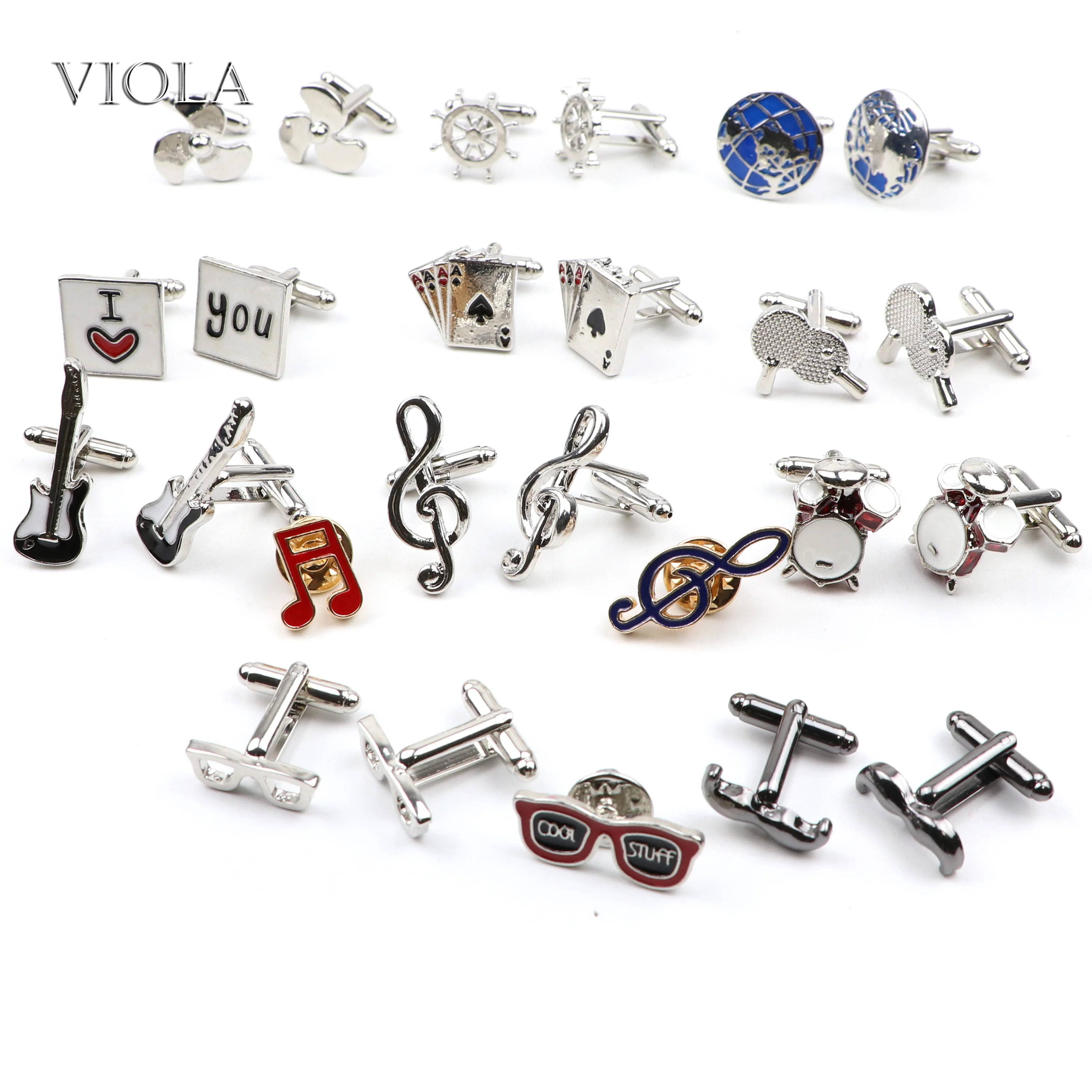 Fun Music Notes Guitar Drum Cufflinks Brooch Set Gentleman Glasses Cuff-link Men Sleeve Button Party Cool Design Accessory Gift |