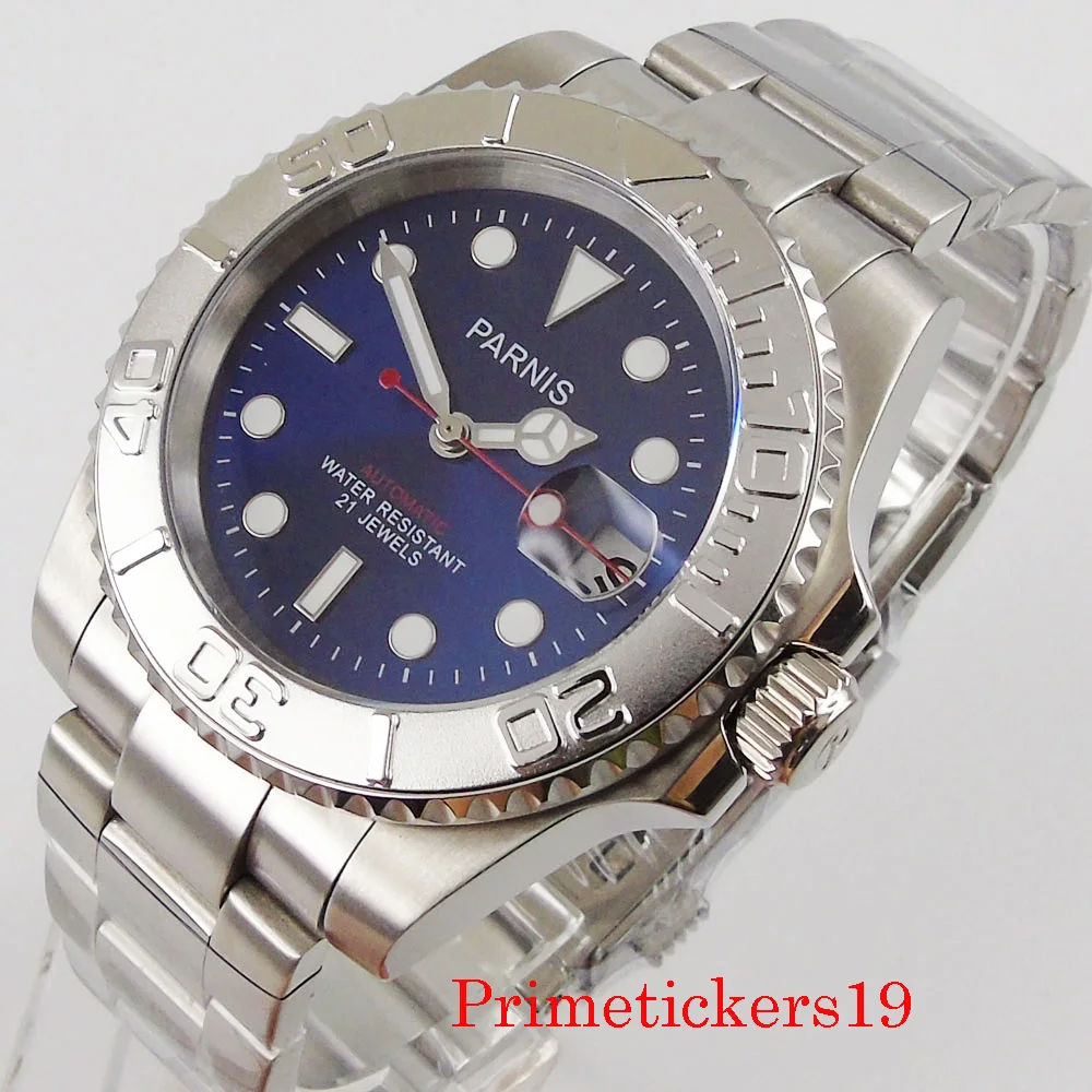 

40mm parnis blue dial 21 jewels miyota 8215 mechanical automatic men watch sapphire crystal auto date waterproof jubilee band