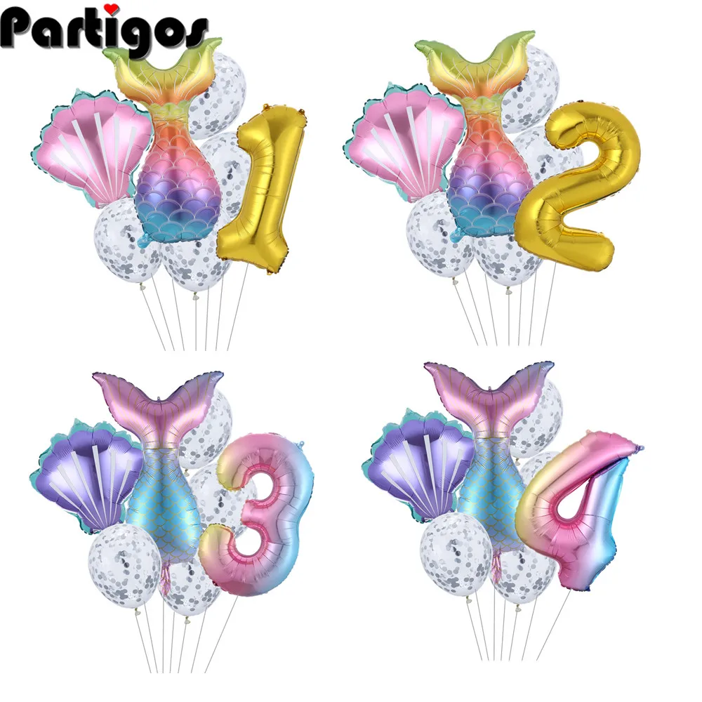 

7pcs/lot Mermaid Party Balloons 32inch Number Foil Balloon Kids Birthday Party Decorations Baby Shower Decor Helium Globos