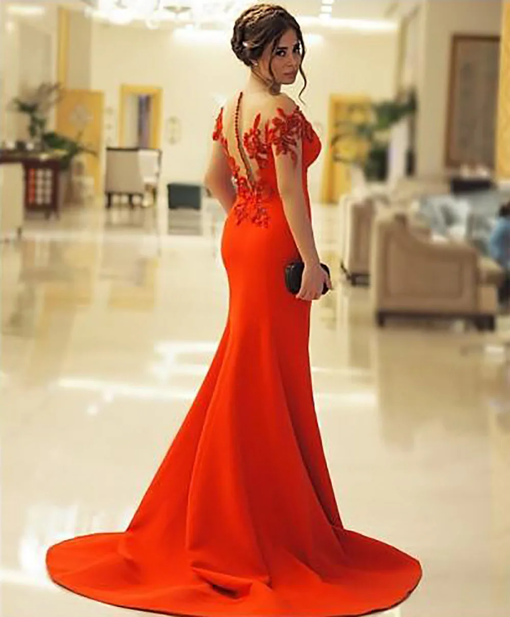 Mermaid Floor-Length Evening Dresses Applique Dress Illusion Sweep Train O-Neck Prom Party Gown Red Satin Custom
Mermaid Floor-Length Evening Dresses Applique Dress Illusion Sweep Train O-Neck Prom Party Gown Red Satin Custom