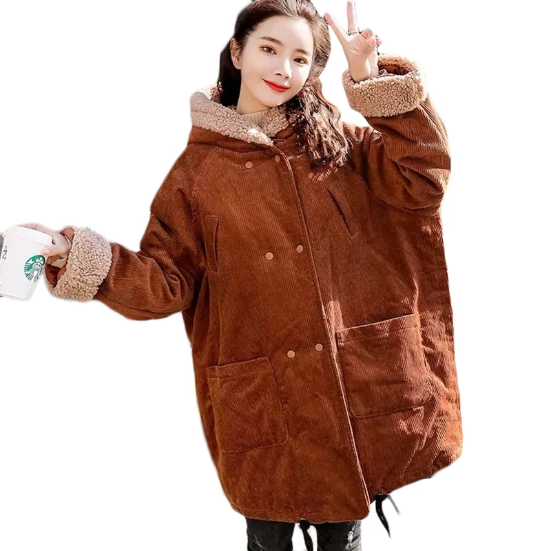 

2021 Winter New Warm Down Cotton Jacket Plus Size Women's Long Lambswool Corduroy Jacket Casual Hooded Parka Overcoat Ropa Mujer