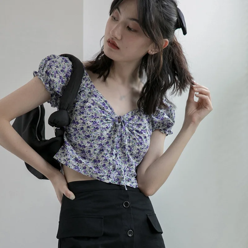 

Jlong Sexy V Neck Floral Print Square Collar Sweet Sexy Exposed Navel Puff Short Sleeve Shirt Blouse