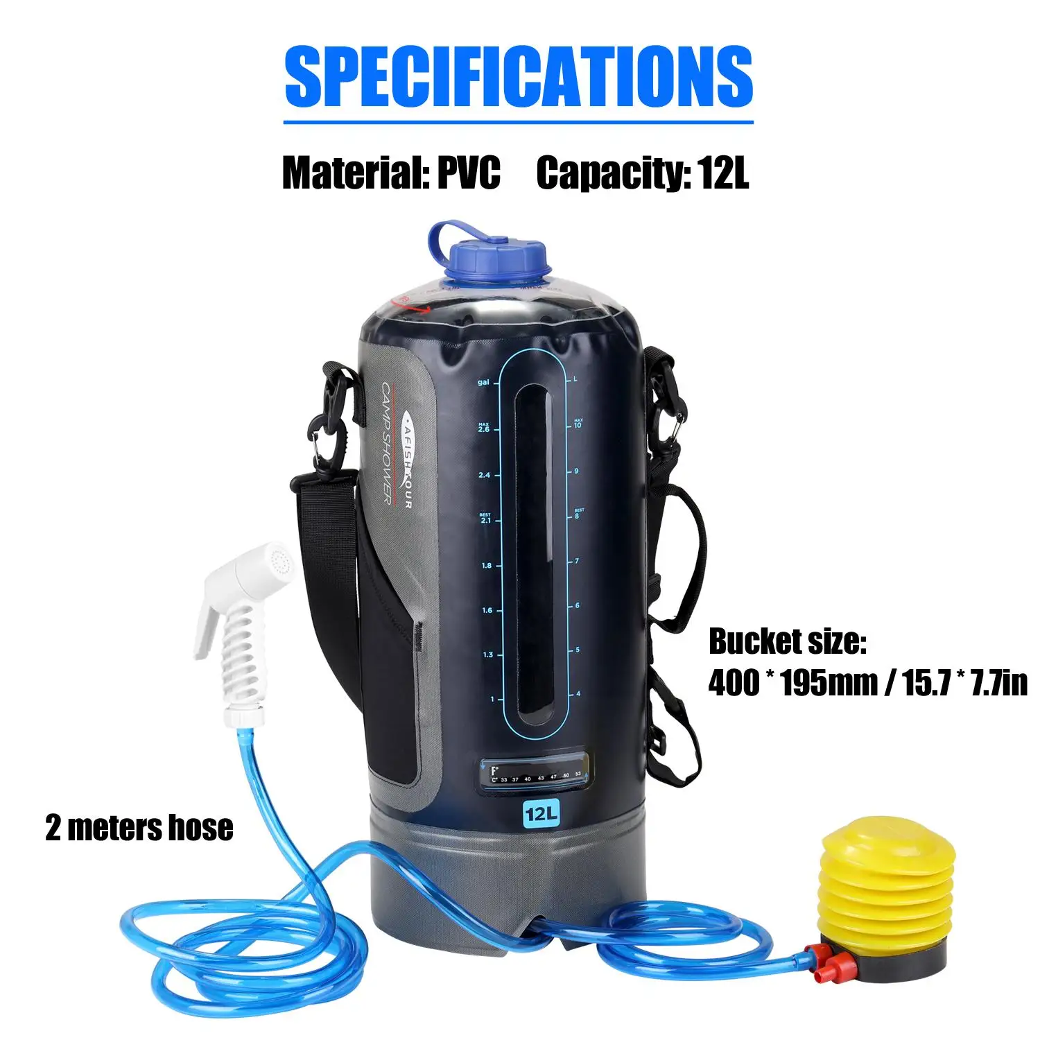 12L PVC Pressure Shower Bag with Foot Pump Lightweight Inflatable Shower Pressure Shower Water Bag Beach Camping Hiking Bathing 
12L PVC Pressure Shower Bag with Foot Pump Lightweight Inflatable Shower Pressure Shower Water Bag Beach Camping Hiking Bathing