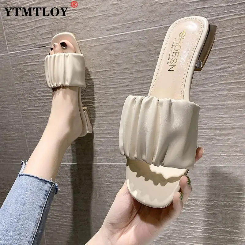 

Shoes Slippers High Heels Slides Med Fashion Slipers Women Square Luxury Rome Pu Pumps Hoof Solid Peep Toe Pleated Sandals