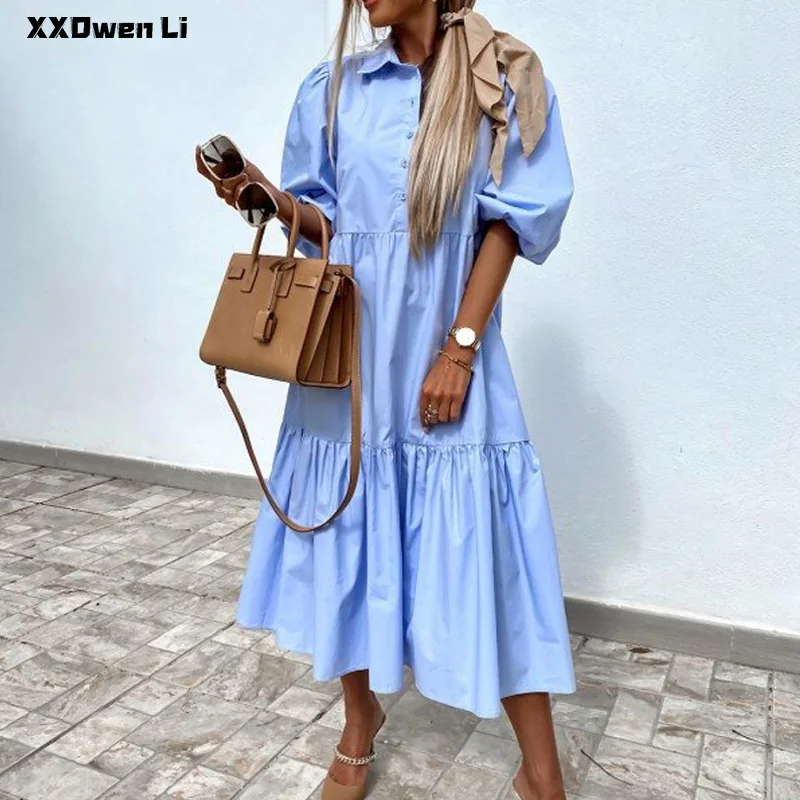 Summer Half Sleeve Splicing Button shirt Long Dress For Women Casual Lantern sleeve Loose white Shirt Dress Woman Midi Dresses
Summer Half Sleeve Splicing Button shirt Long Dress For Women Casual Lantern sleeve Loose white Shirt Dress Woman Midi Dresses