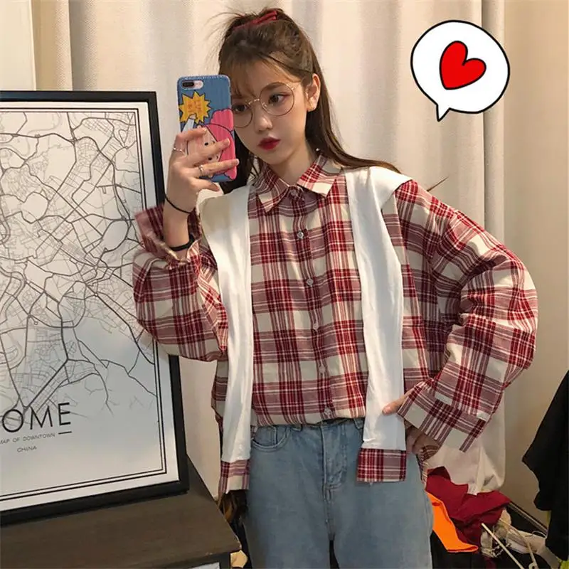 Women's Shirts Ulzzang Japanese Kawaii Ladies Vintage Loose Plaid Long Sleeve Shirt Female Korean Harajuku Clothes For Women 
Women's Shirts Ulzzang Japanese Kawaii Ladies Vintage Loose Plaid Long Sleeve Shirt Female Korean Harajuku Clothes For Women