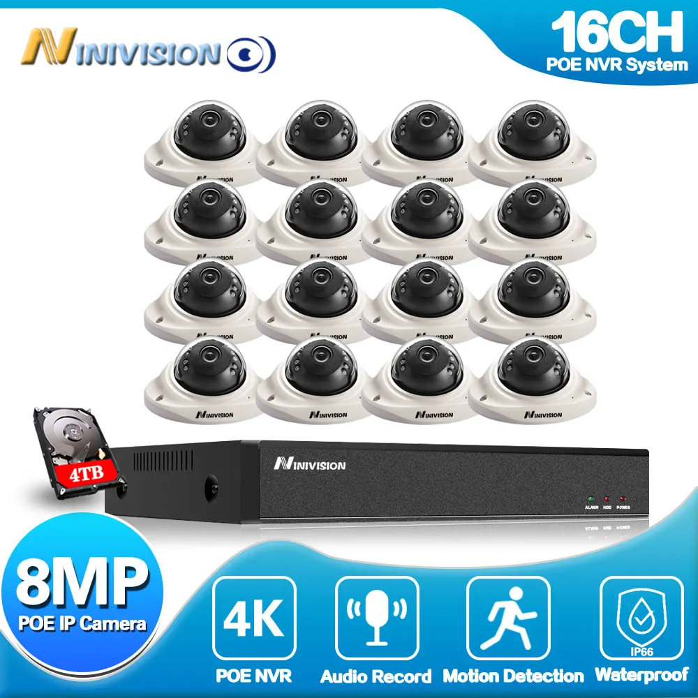 

NINIVISION 8MP 4K Ultra HD Security Camera System AI Detection 16ch PoE NVR Bullet IP Cameras Surveillance NVR Kit 4TB HDD