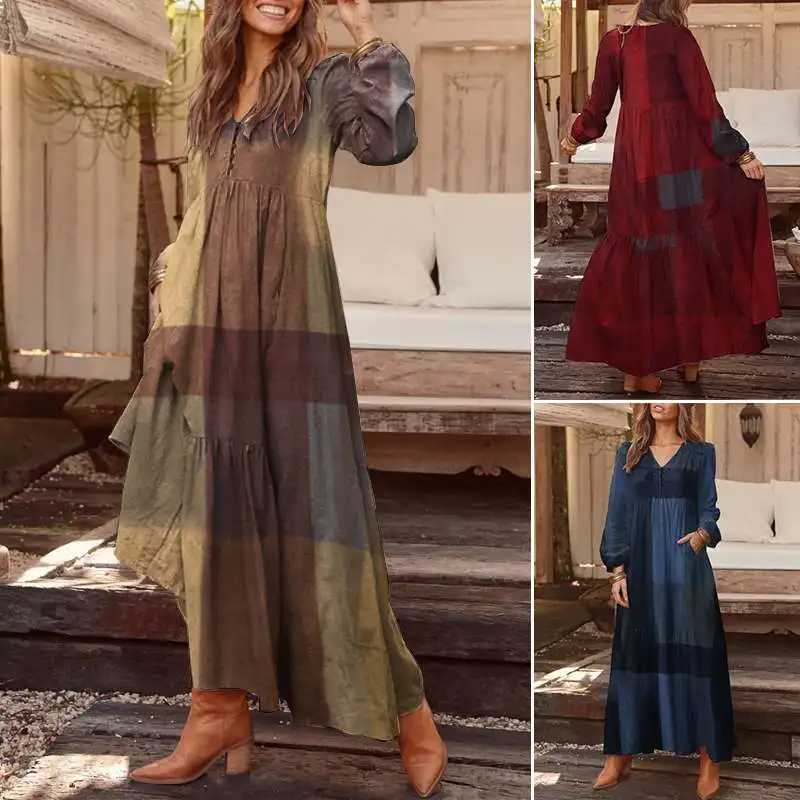 Осеннее длинное платье-макси с длинным рукавом женское клетчатое платье ZANZEA 2022