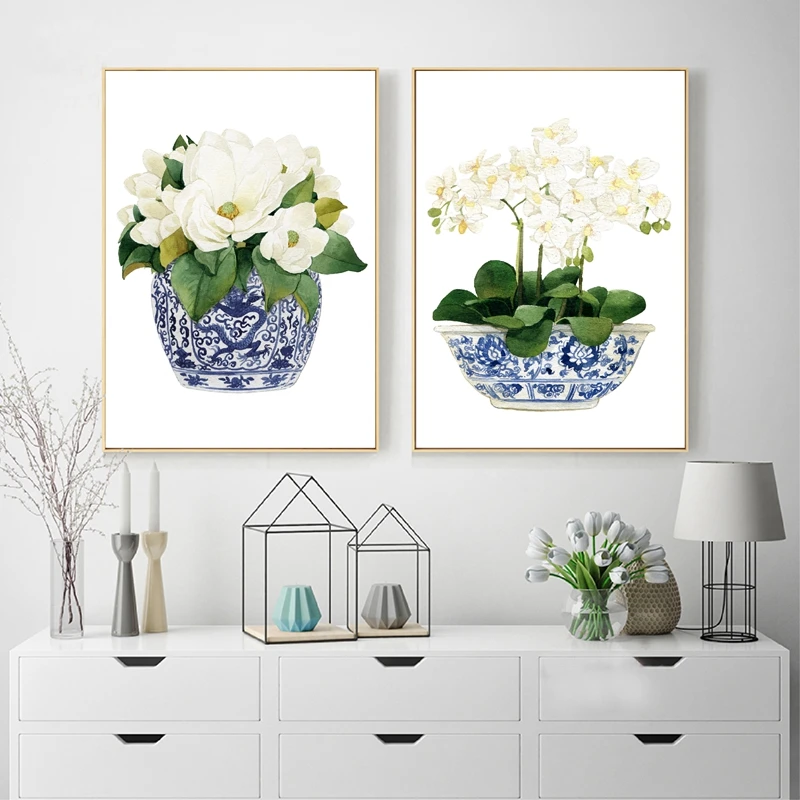 Белая орхидея Магнолия шинузери Декор холст картина Печать Восточная ваза синяя