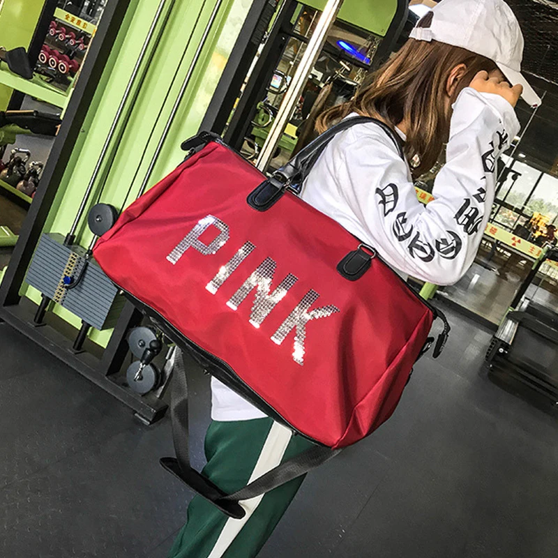 

Pink Sequined Letters Ladies Travel Bag Handbag Fitness Bags Messenger Pack Waterproof Woman Mountaineering Packs Men Duffel Bag