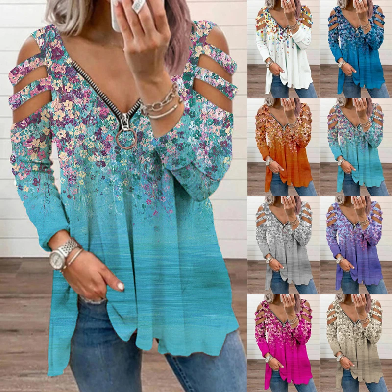 Summer and Autumn Women's Tops Loose Large Size Small Floral Printed T-shirt Sexy V-neck Zipper Strapless Long Sleeve T-shirt
Summer and Autumn Women's Tops Loose Large Size Small Floral Printed T-shirt Sexy V-neck Zipper Strapless Long Sleeve T-shirt