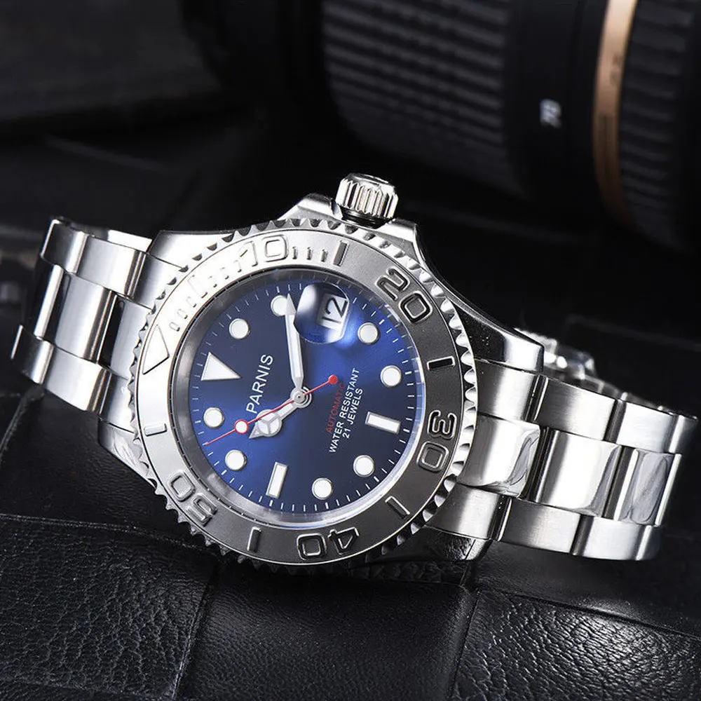 

41mm Parnis blue dial ceramic bezel Luminous markers Sapphire glass date adjust 21 jewels miyota Automatic movement Men's Watch