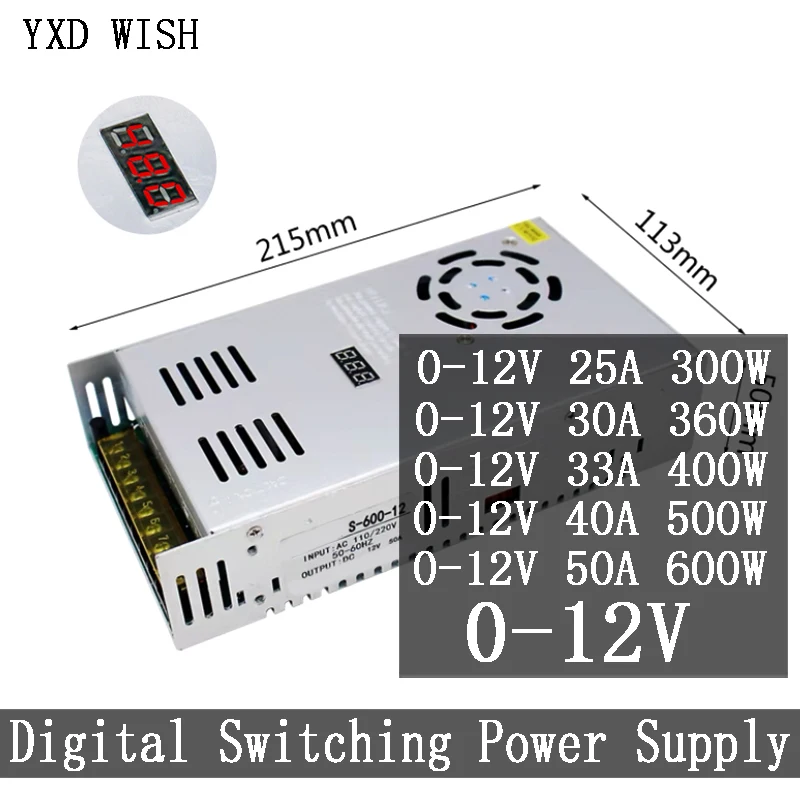 

220 AC to 12V DC Switching Power Supply 25A 30A 33A 40A 50A Transformer Led 12 Volt 300W 360W 400W 500W 600W Adjustable Adapter