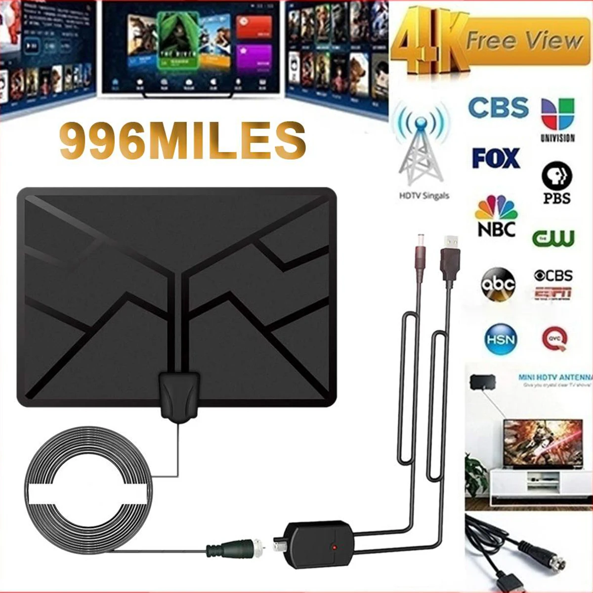 Комнатная цифровая усиленная антенна SOONHUA HD 1080P HDTV 4K антенны с усилителем 960 миль