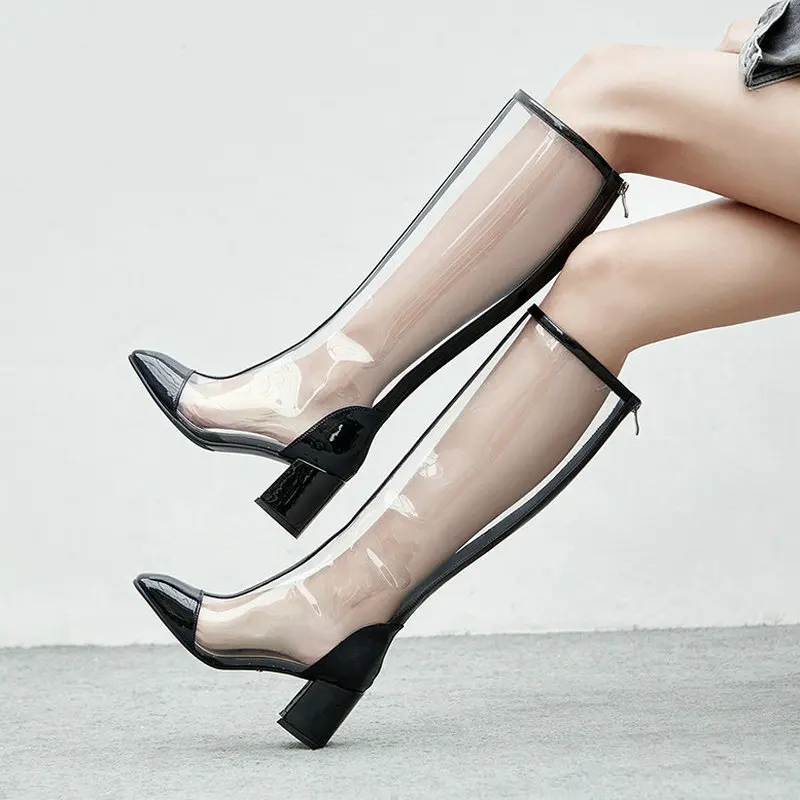 Женские прозрачные сапоги до колена, сапоги из искусственной кожи на квадратном каблуке, на молнии, весна-осень 2021 
Женские прозрачные сапоги до колена, сапоги из искусственной кожи на квадратном каблуке, на молнии, весна-осень 2021