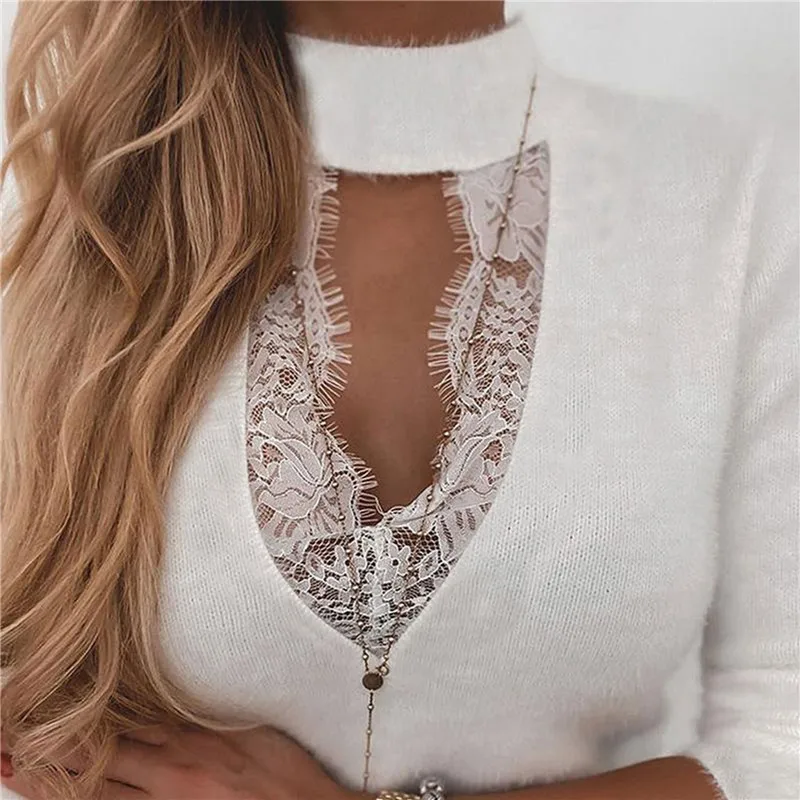 CHRONSTYLEShirts 2021 Sexy Women Fall Autumn Lace Patchwork Blouses Tops Long Sleeve Hollow Out O-neck Knitted Slim OL Shirts
CHRONSTYLEShirts 2021 Sexy Women Fall Autumn Lace Patchwork Blouses Tops Long Sleeve Hollow Out O-neck Knitted Slim OL Shirts
