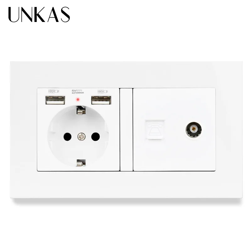 UNKAS Пластик Панель настенная розетка стандарта ЕС 2 USB зарядка Порты и разъёмы