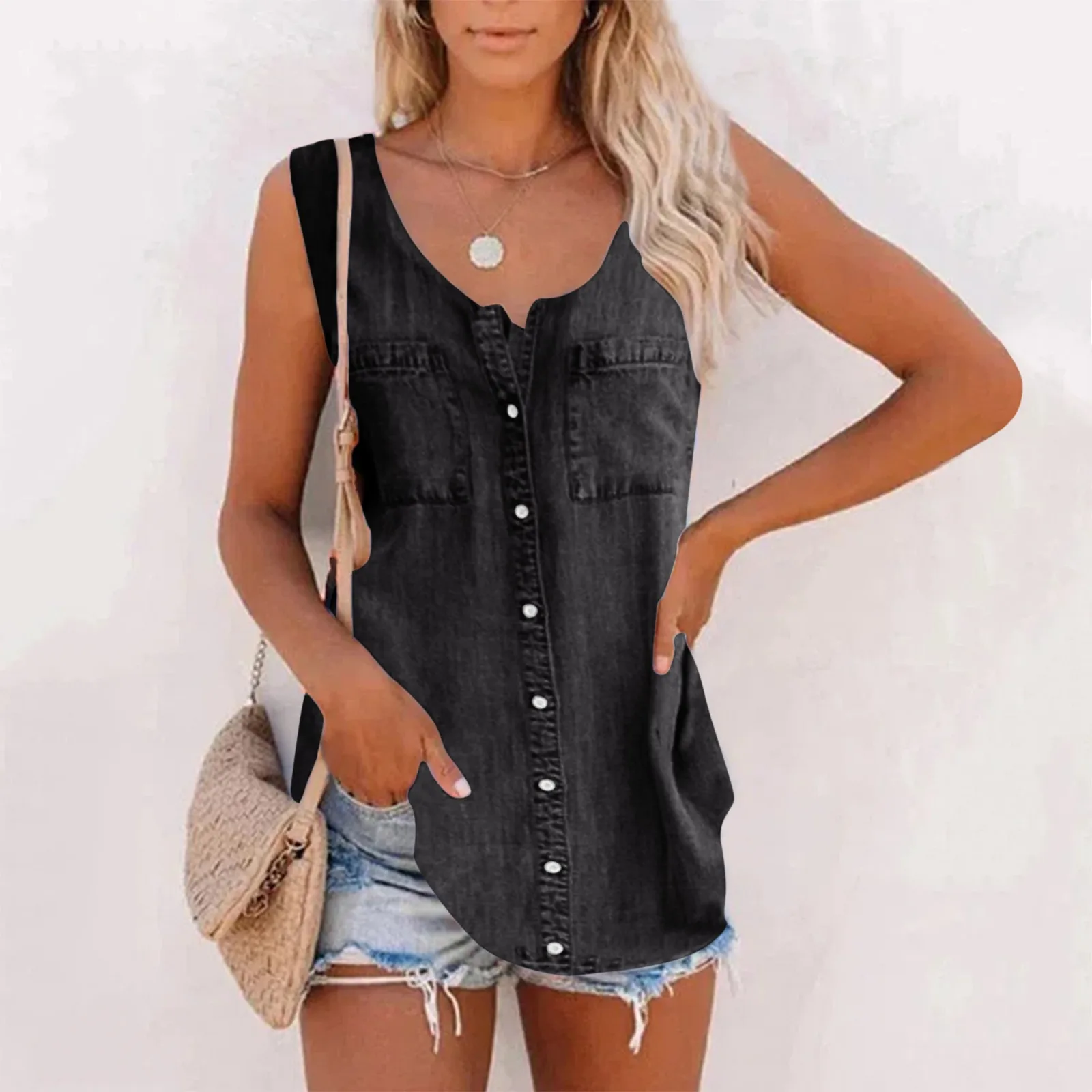 Fashion Denim Buttons Blouse Shirt Sexy Vintage V-Neck Tops Tee Casual Summer Ladies Female Women Sleeveless Blusas Pullover
Fashion Denim Buttons Blouse Shirt Sexy Vintage V-Neck Tops Tee Casual Summer Ladies Female Women Sleeveless Blusas Pullover