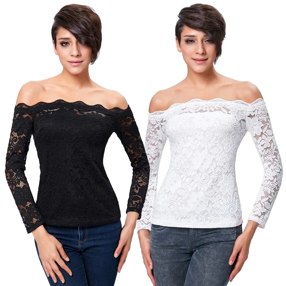 2018 Sexy Fashion Casual Women's Long Sleeve Floral Lace Off Shoulder Tops | Женская одежда