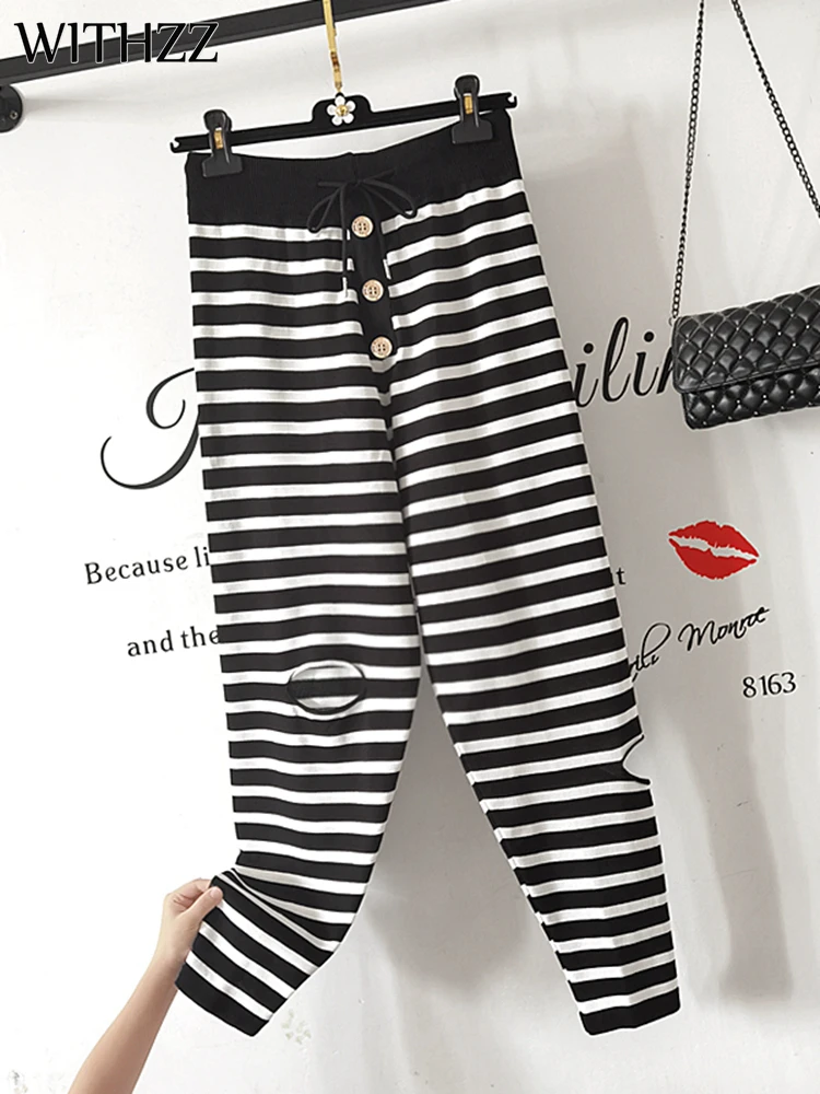 WITHZZ Women Spring Autumn Comfortable Stripe High Waist Hole Thin Trousers Loose Female Sports Casual Knitting Harem Pants
WITHZZ Women Spring Autumn Comfortable Stripe High Waist Hole Thin Trousers Loose Female Sports Casual Knitting Harem Pants