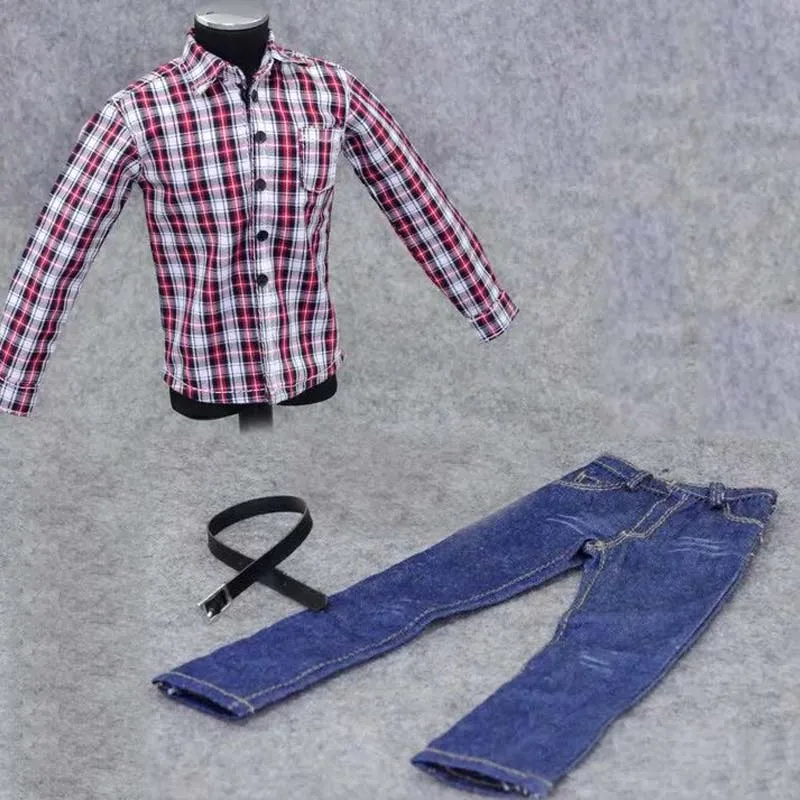 

1/6 Scale Red&white Lattice Shirt with Jeans Belt for 12in Action Figure Male Soldier Phicen Tbleague Toy