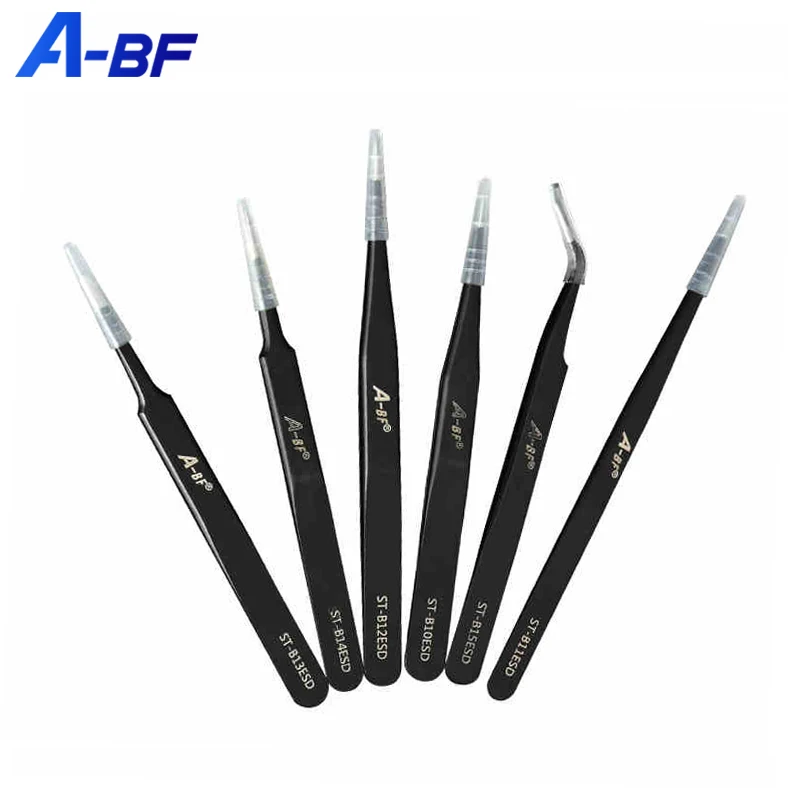 

A-BF New 6PCS Anti-static ESD Stainless Steel Tweezer Maintenance Tool Industrial Precision Bending Maintenance Tweezers Kit