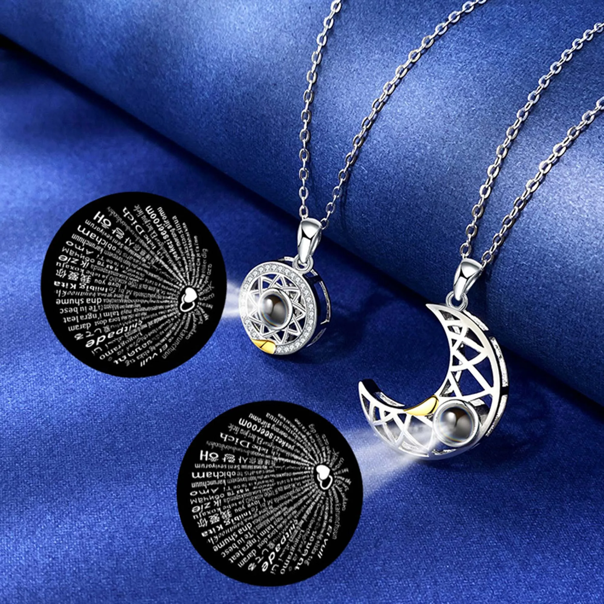 Sun Moon Shape Couple Personalized Necklaces Wedding Birthday Jewelry 100 Languages I Love You Projection Pendant Necklace Gifts
Sun Moon Shape Couple Personalized Necklaces Wedding Birthday Jewelry 100 Languages I Love You Projection Pendant Necklace Gifts