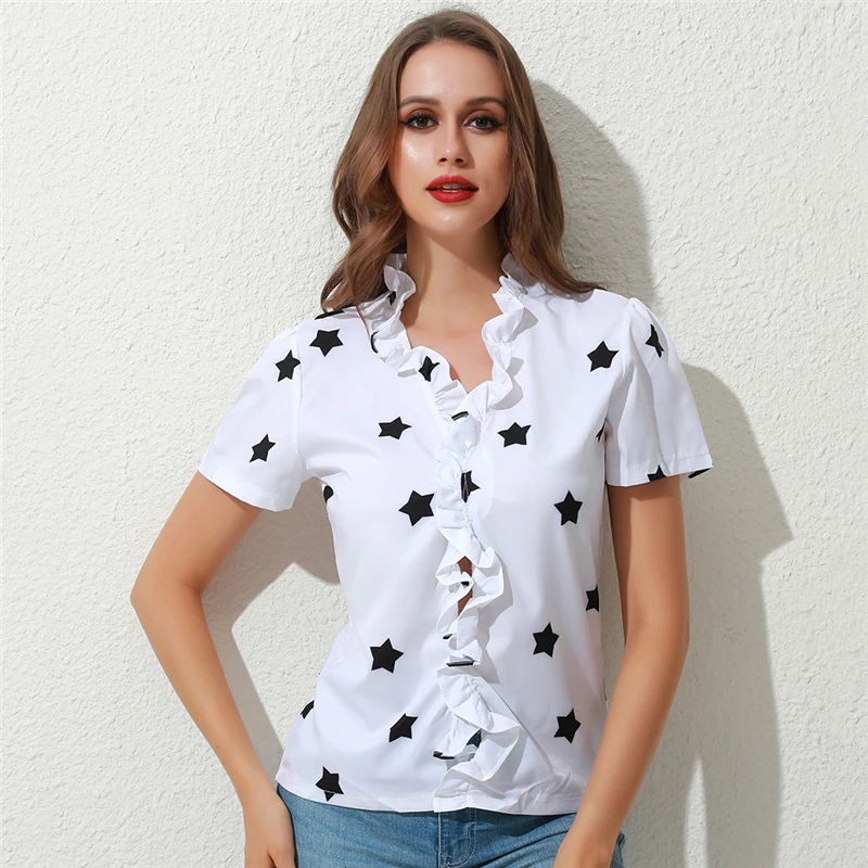 New Star Print Ruffle Blouse Shirts Office Lady 2020 Summer Short Sleeve Slim Blouses Fashion Women Sexy V-Neck Tops Wholesale
New Star Print Ruffle Blouse Shirts Office Lady 2020 Summer Short Sleeve Slim Blouses Fashion Women Sexy V-Neck Tops Wholesale