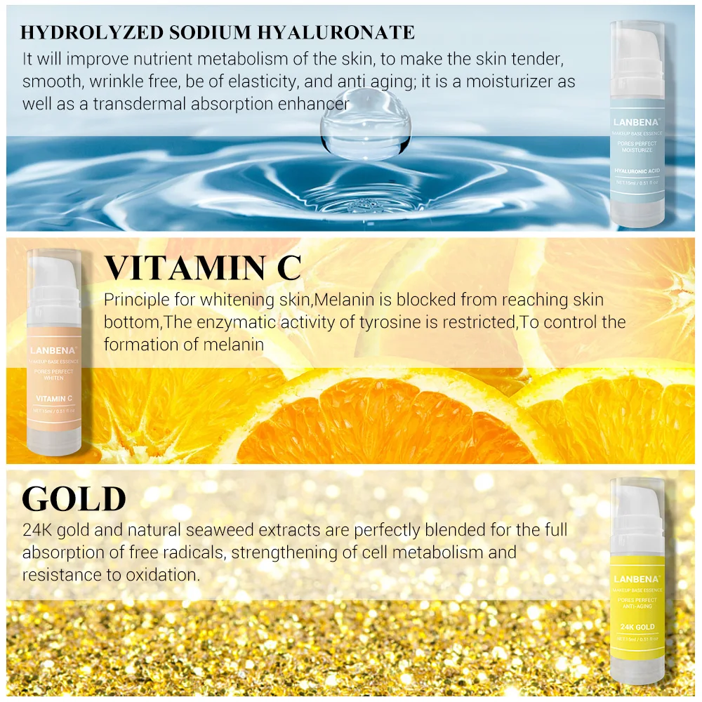 LANBENA Makeup Base Face Primer Hyaluronic Acid 24K Gold Vitamin C Essence Hidratante Facial Oil Control Foundation | Красота и