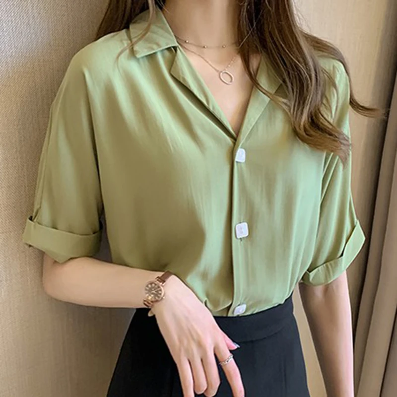 

Lucyever Korean Chic Short Sleeve Shirt Women Casual Solid Turndown Collar Office Ladies Blouses 2021 Summer Button Woman Blusas