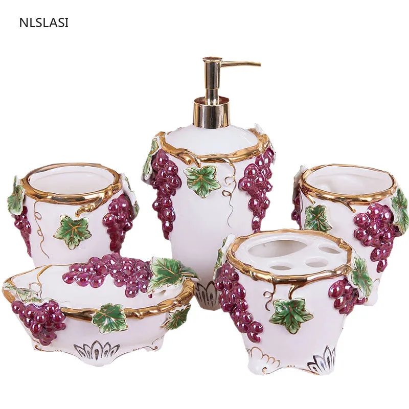 European Garden Style Grape Ceramic Home Hotel Bathroom Kit Toothbrush Holder Soap Dispenser Mouth Cup Soap Dish Five Piece Set 
European Garden Style Grape Ceramic Home Hotel Bathroom Kit Toothbrush Holder Soap Dispenser Mouth Cup Soap Dish Five Piece Set