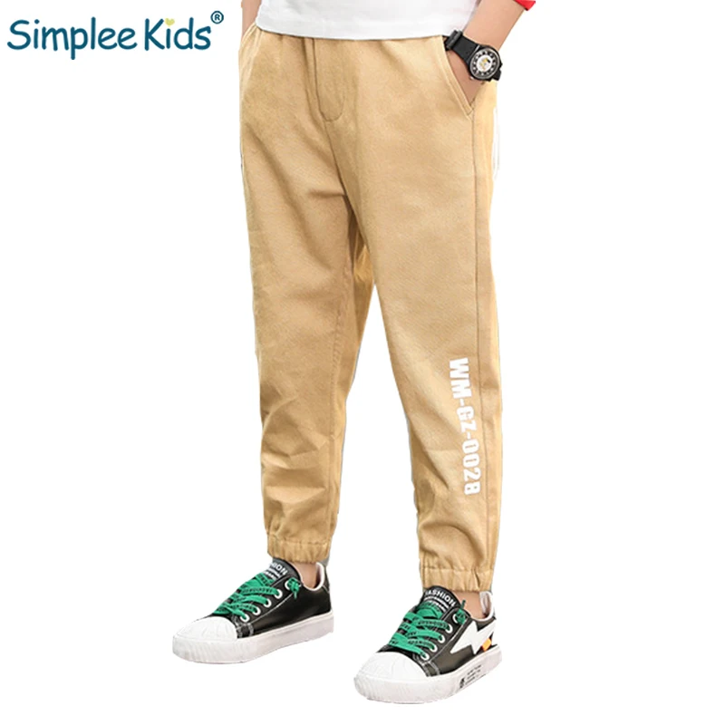 Simplee Kids Letter Boys Sport Pants Black Khaqi Army Green Long Trousers Leisure Soft Cotton Spring Costume Slim | Мать и ребенок