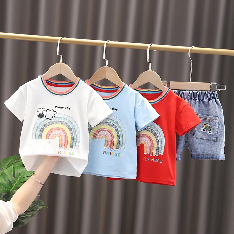 Baby Kids Clothes Sets Summer 0-5 Years Rainbow Printing Cotton T-shirt+Denim Shorts 2-piece Toddler Girls Boys Clothing Suits 
Baby Kids Clothes Sets Summer 0-5 Years Rainbow Printing Cotton T-shirt+Denim Shorts 2-piece Toddler Girls Boys Clothing Suits