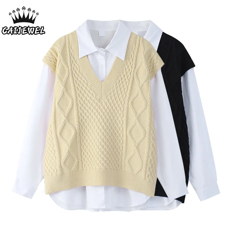 Autumn Korean Fashion Women Two Pieces Sets Long Sleeve Short Blouse Shirt + Solid Knitted Pullover Sweater Vest Female Tops
Autumn Korean Fashion Women Two Pieces Sets Long Sleeve Short Blouse Shirt + Solid Knitted Pullover Sweater Vest Female Tops