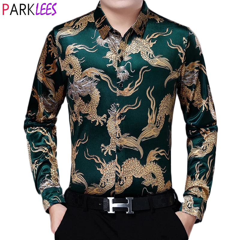 

Мужская зеленая бархатная велюровая рубашка 2020, модная китайская Золотая рубашка с принтом дракона, Мужская Повседневная Удобная рубашка ...