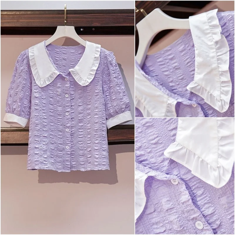 Plus Size M-4LX Womens Crimped Blouses 2021 New Summer Button Solid Peter Pan collar Lady Purple Sexy Crop Tops Shirts Cloth
Plus Size M-4LX Womens Crimped Blouses 2021 New Summer Button Solid Peter Pan collar Lady Purple Sexy Crop Tops Shirts Cloth